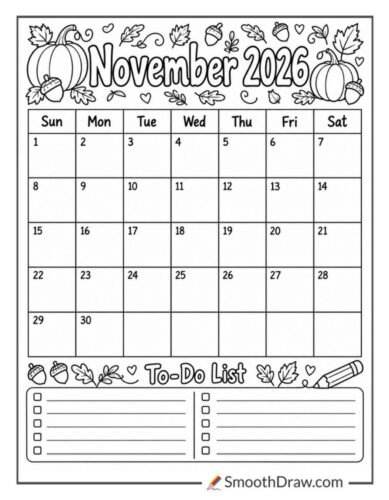 November 2026 calendar coloring page with to do list
