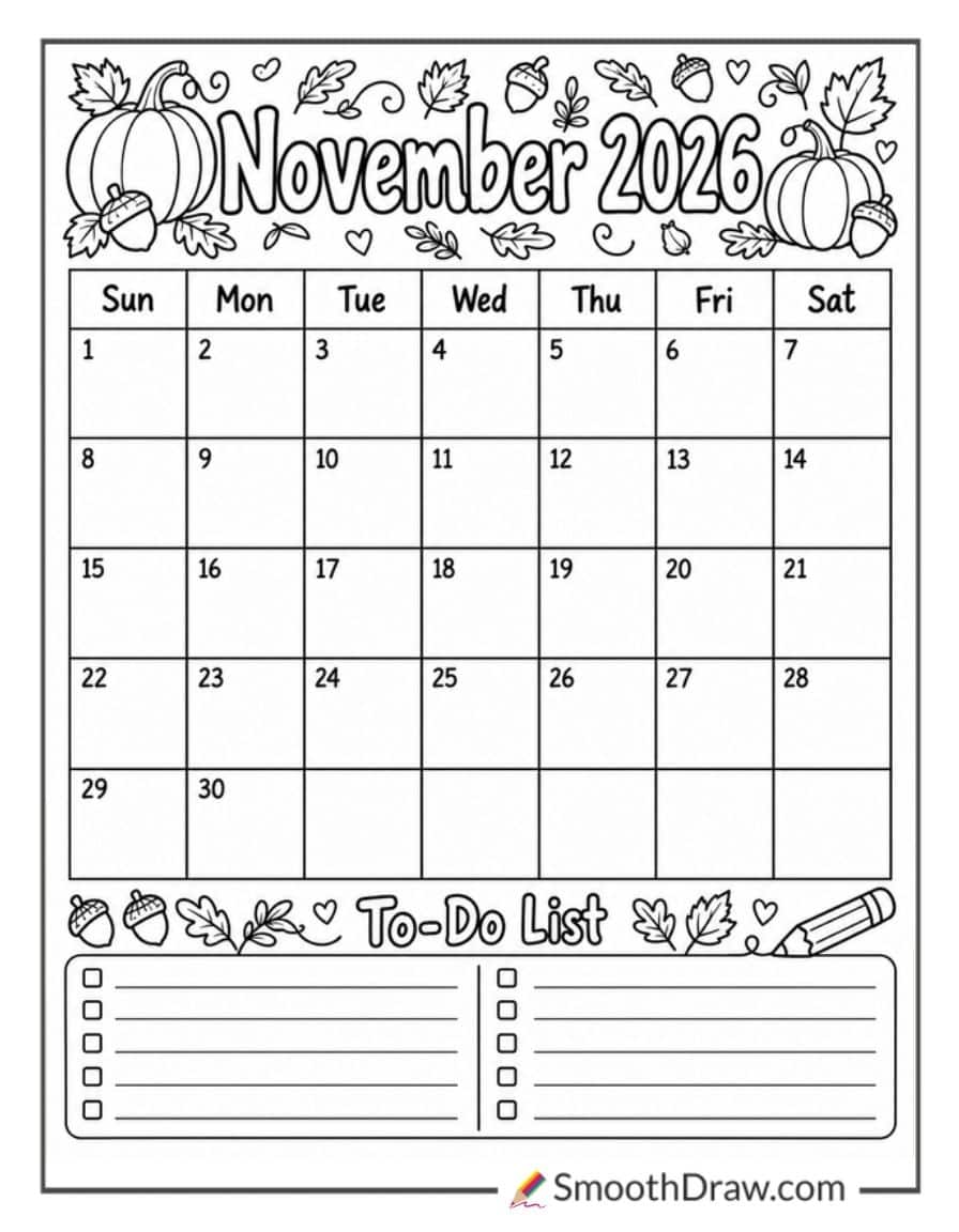 November 2026 Calendar Coloring Page With To Do List