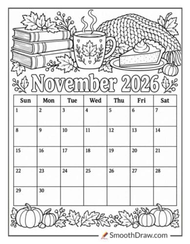 November 2026 cozy fall calendar coloring page