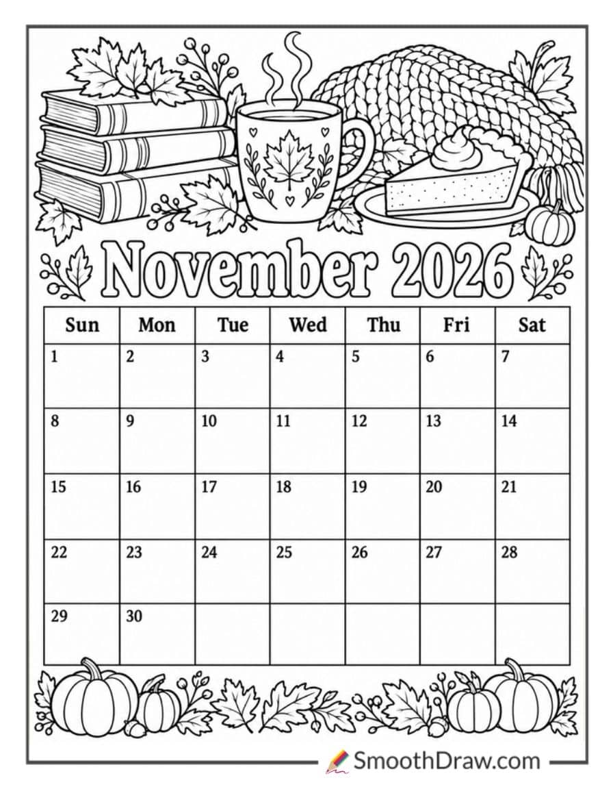 November 2026 Cozy Fall Calendar Coloring Page