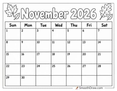 November 2026 daily calendar coloring sheet