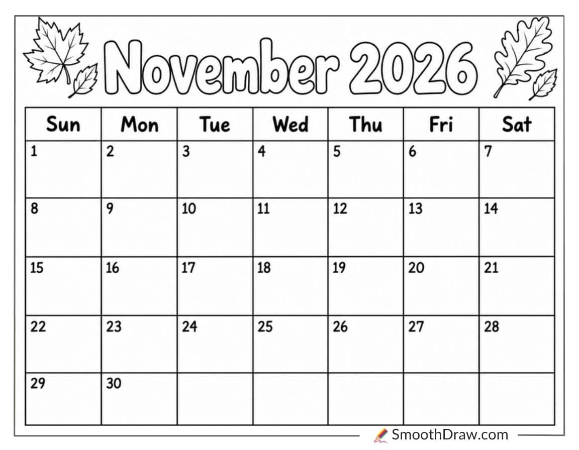 November 2026 Daily Calendar Coloring Sheet