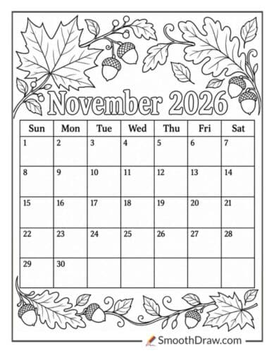 November 2026 fall leaves calendar coloring page