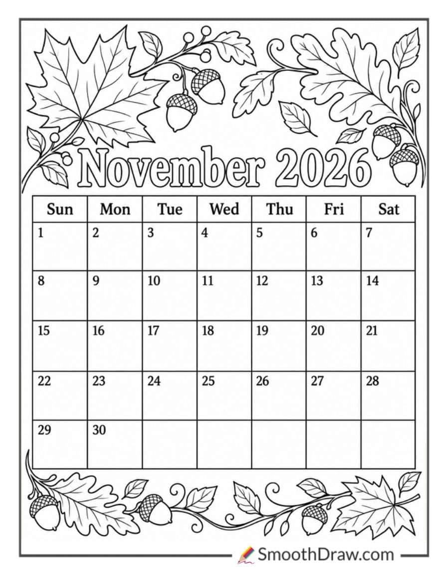 November 2026 Fall Leaves Calendar Coloring Page