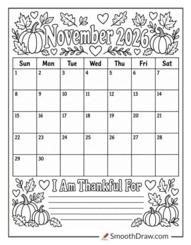 November 2026 gratitude calendar coloring page