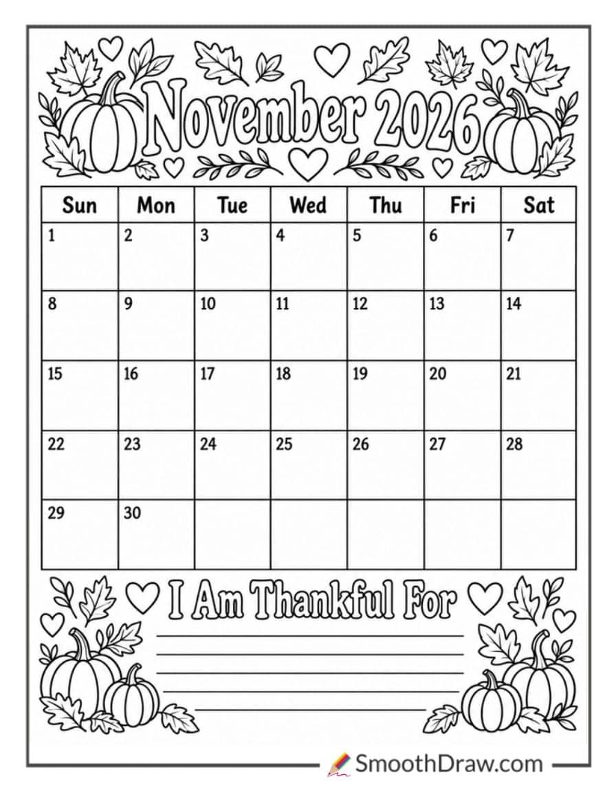 November 2026 Gratitude Calendar Coloring Page