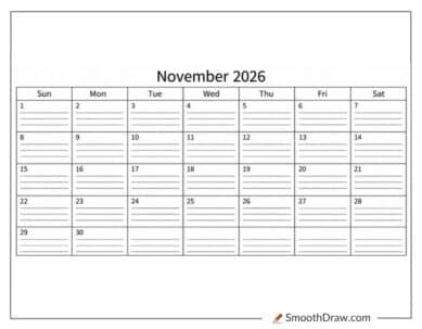 November 2026 professional calendar coloring page