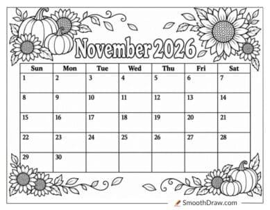 November 2026 pumpkins and sunflowers calendar coloring page
