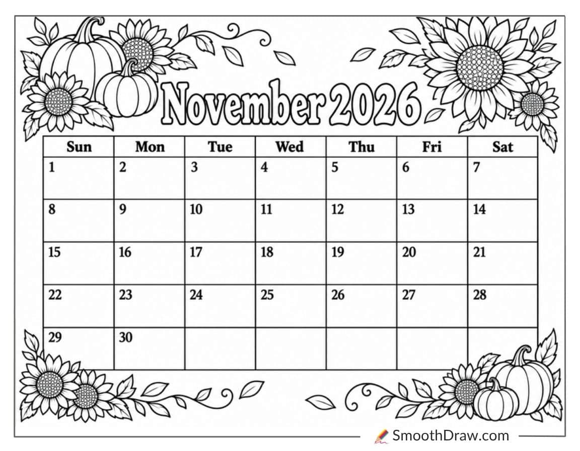 November 2026 Pumpkins And Sunflowers Calendar Coloring Page