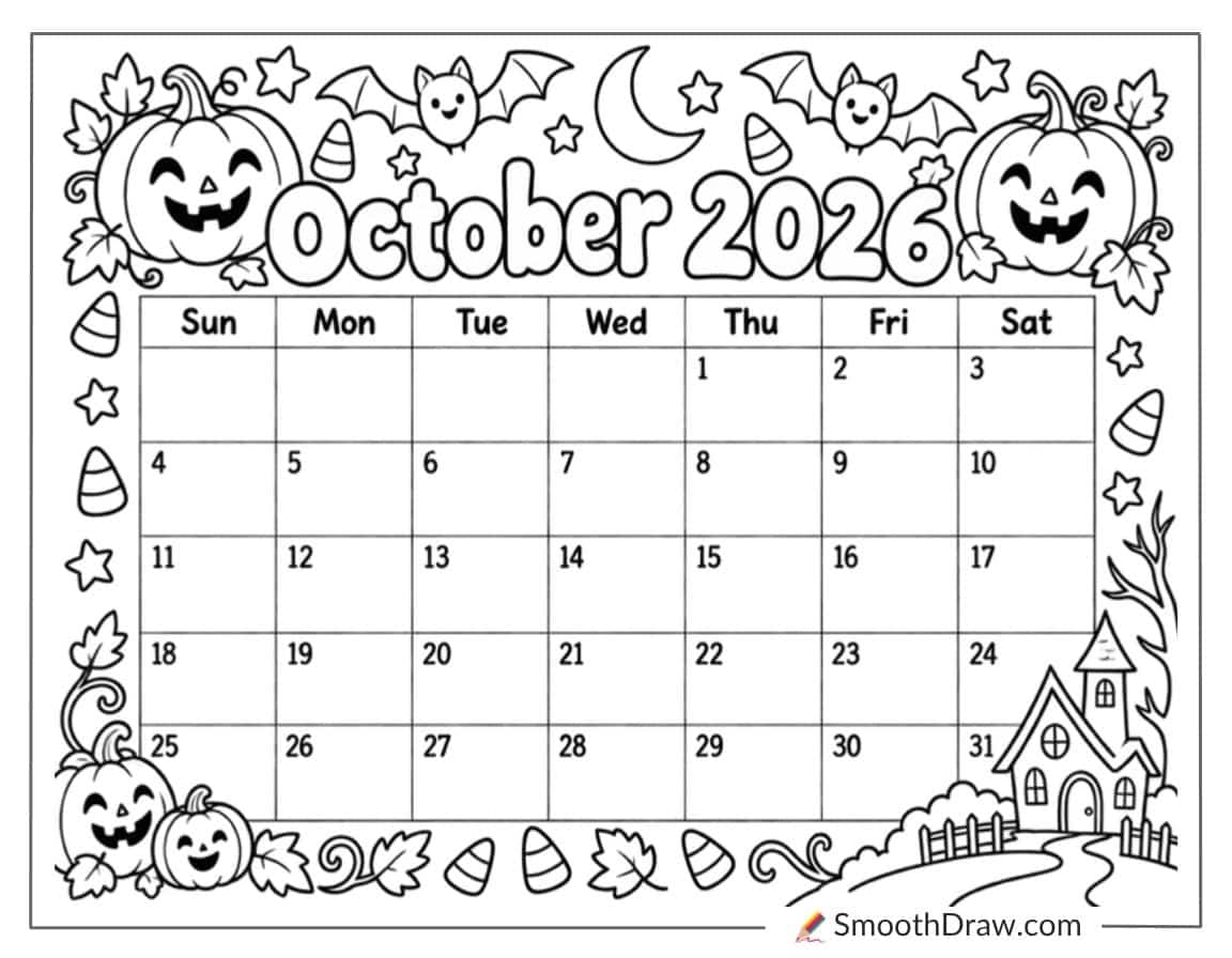 October 2026 Halloween Calendar Coloring Page