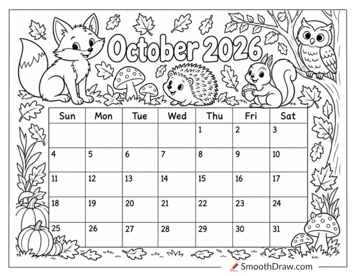 October 2026 Animals Calendar Coloring Page