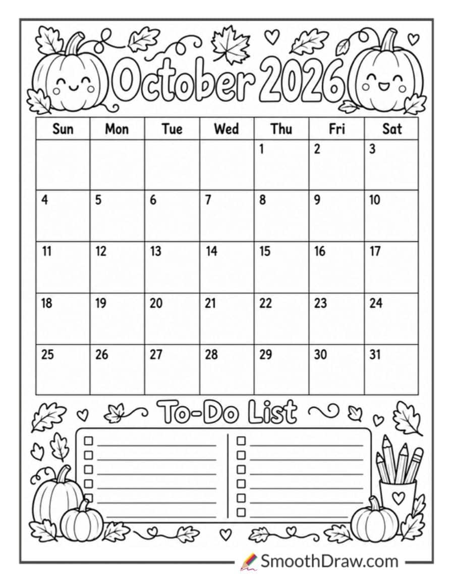 October 2026 Calendar Coloring Page With To Do List