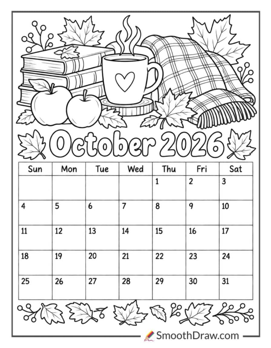 October 2026 Cozy Fall Calendar Coloring Page