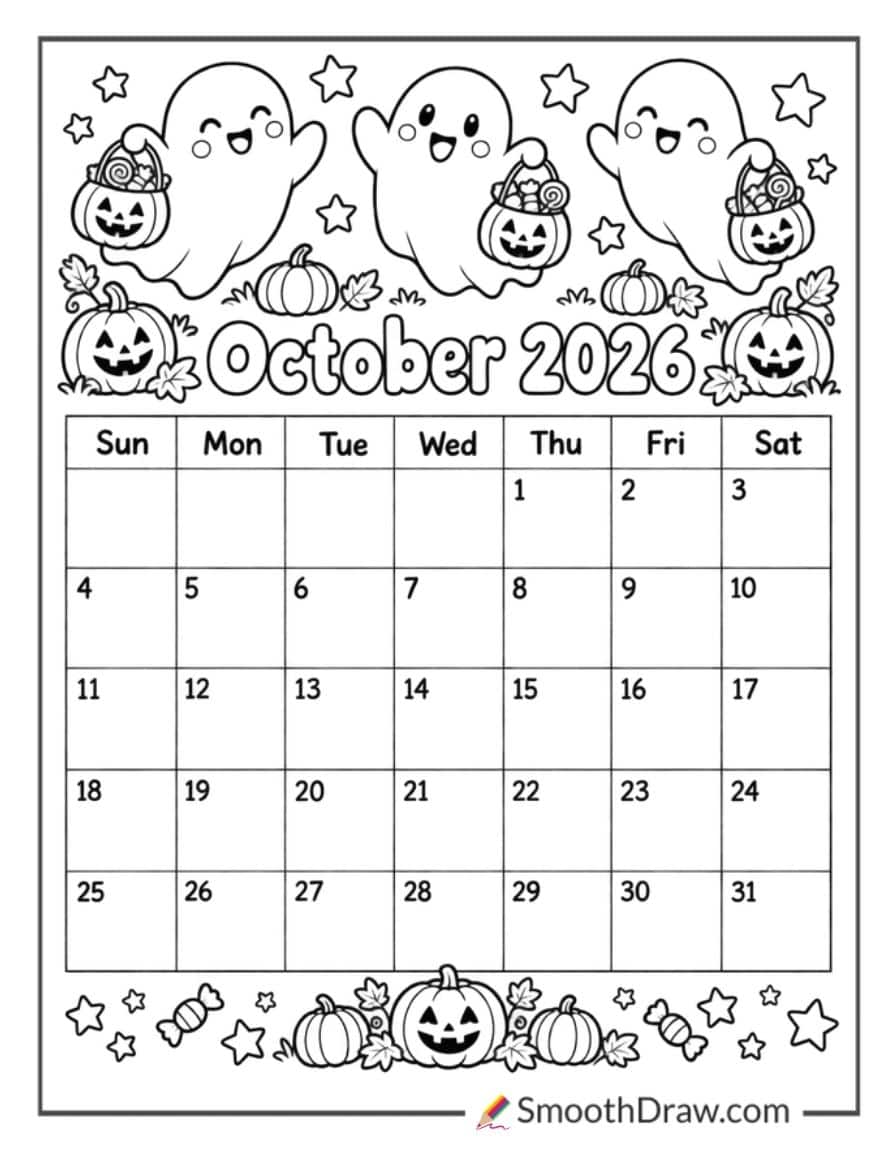 October 2026 Cute Ghosts Calendar Coloring Page