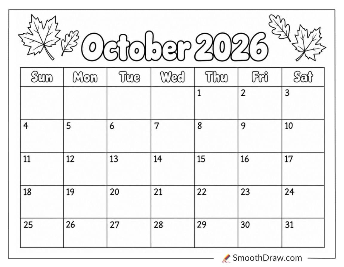 October 2026 Daily Calendar Coloring Sheet