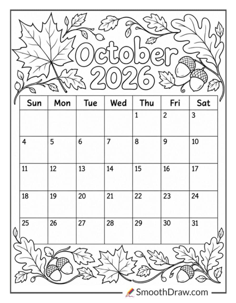 October 2026 Fall Leaves Calendar Coloring Page