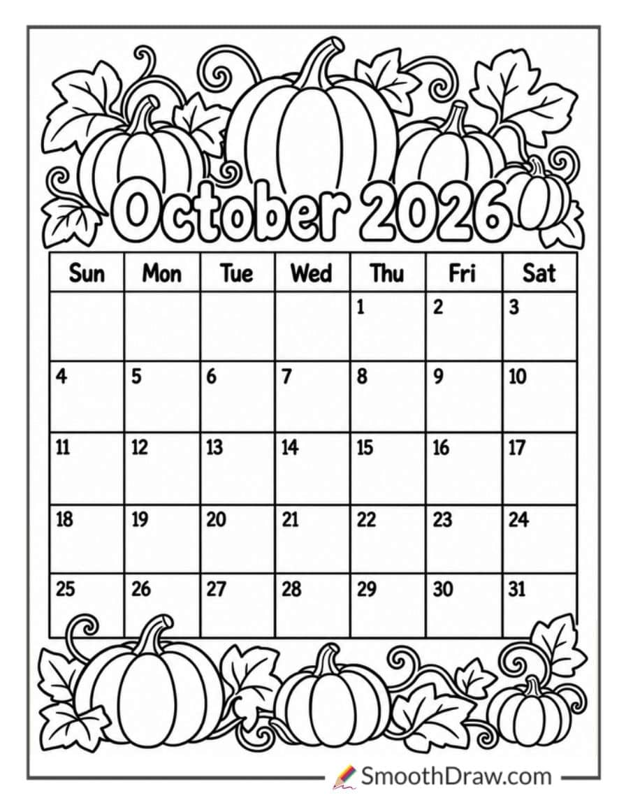 October 2026 Pumpkin Calendar Coloring Page