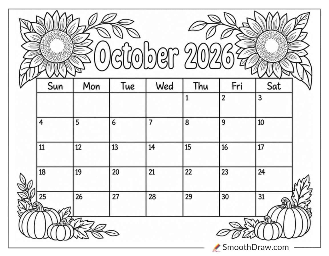 October 2026 Sunflowers Calendar Coloring Page
