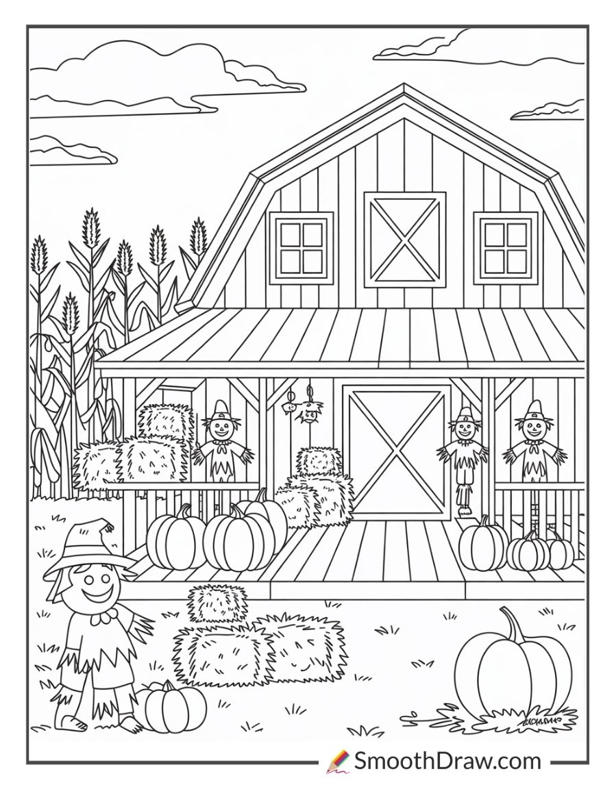 October Barn With Scarecrows Coloring Page