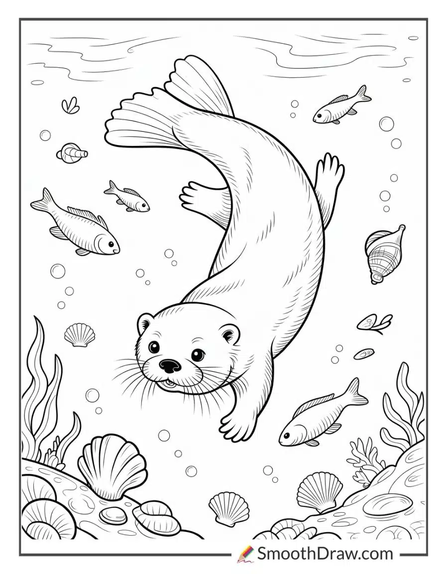 Otter Diving Underwater For Food