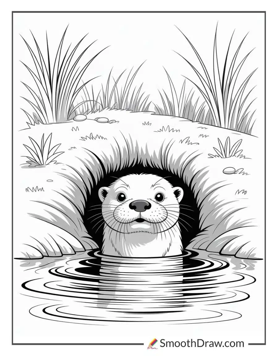 Otter Peeking Out Of Burrow