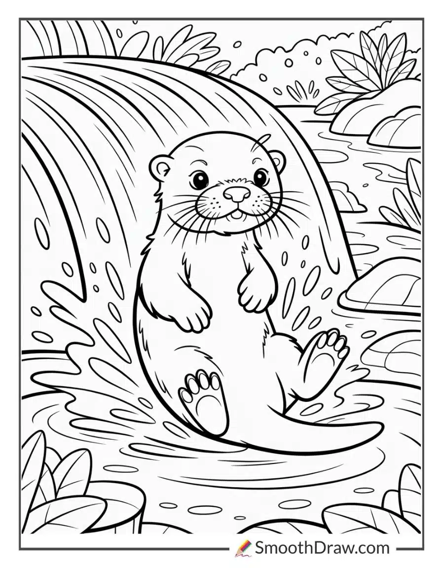Otter Playing In Waterfall Coloring Sheet