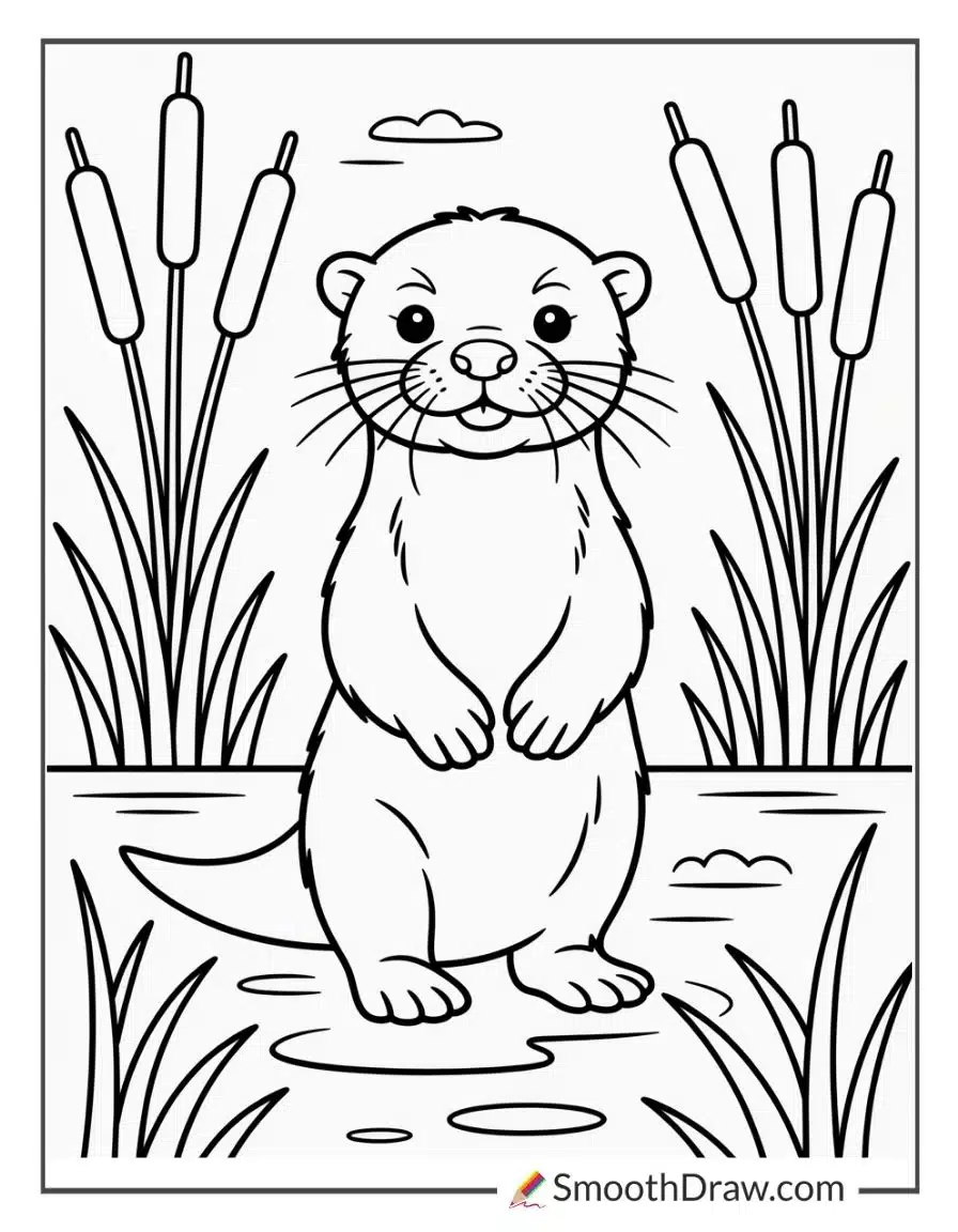 Otter Standing By Cattails Coloring Sheet