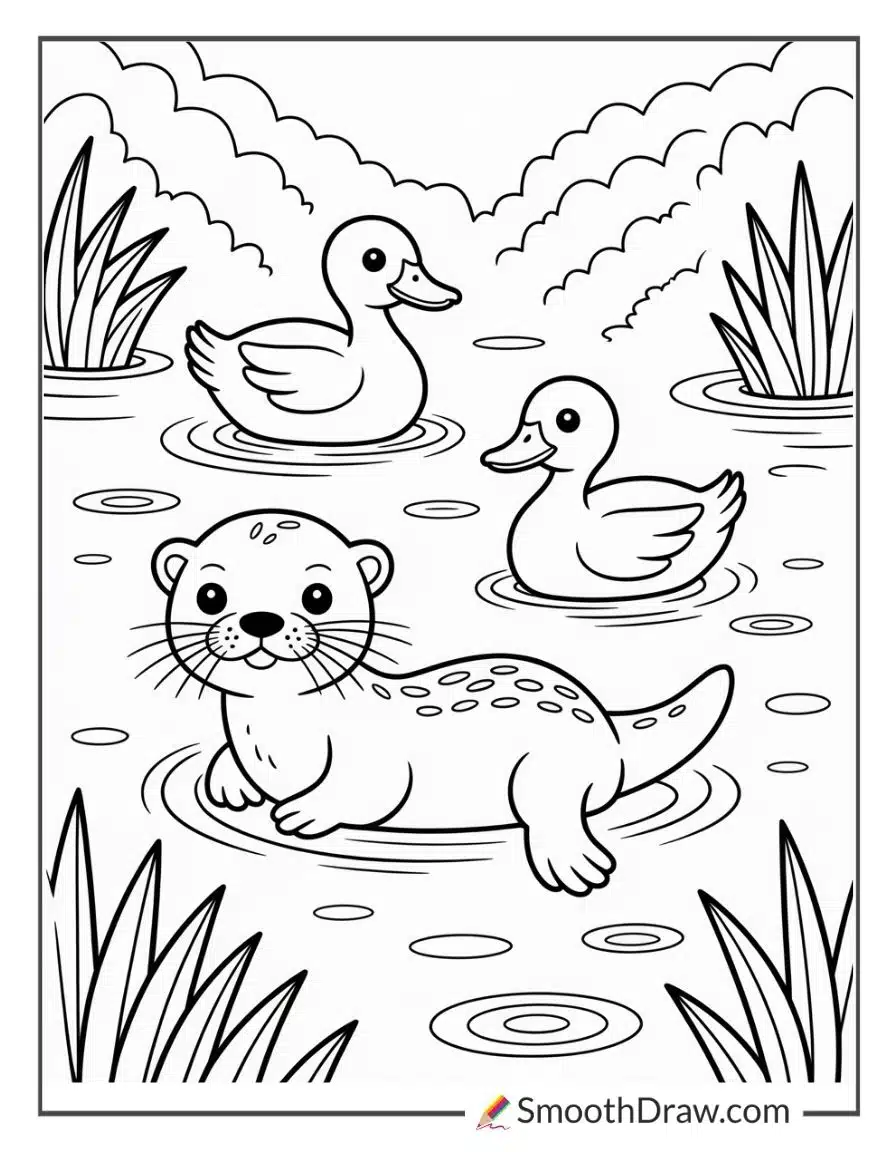 Otter Swimming With Duck Friends