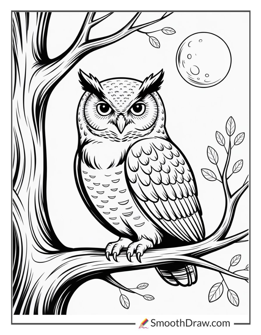 Owl Sitting On Tree Branch Coloring Page