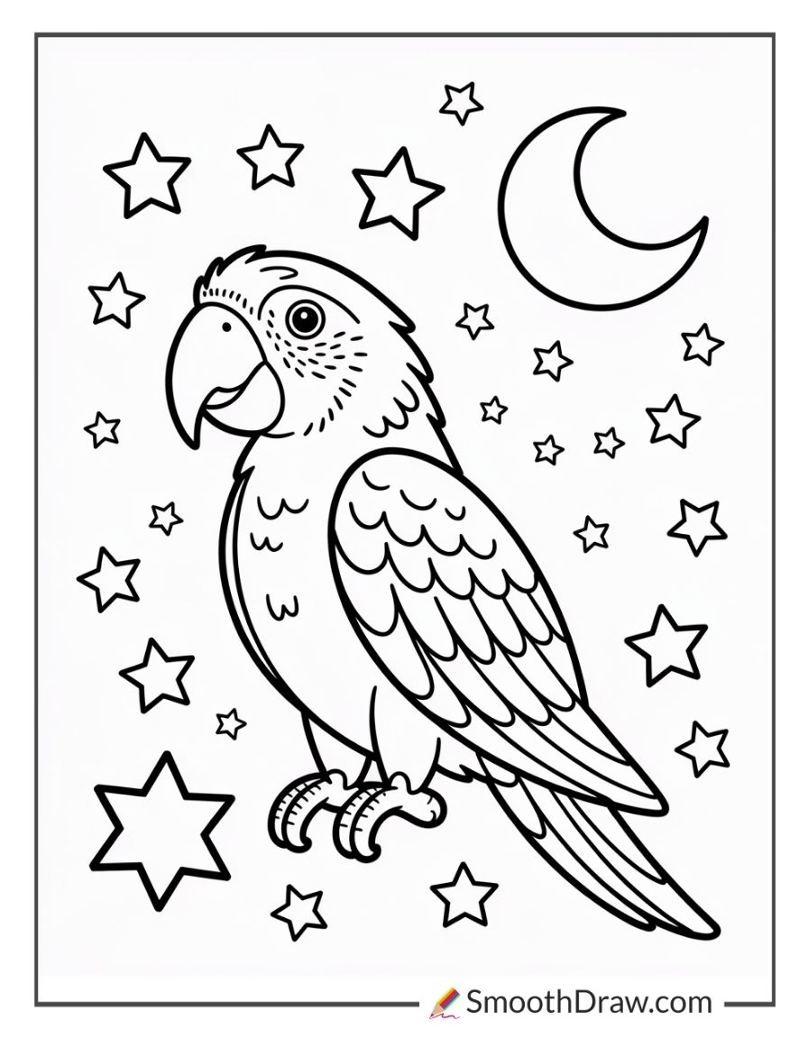 Parrot coloring page with stars