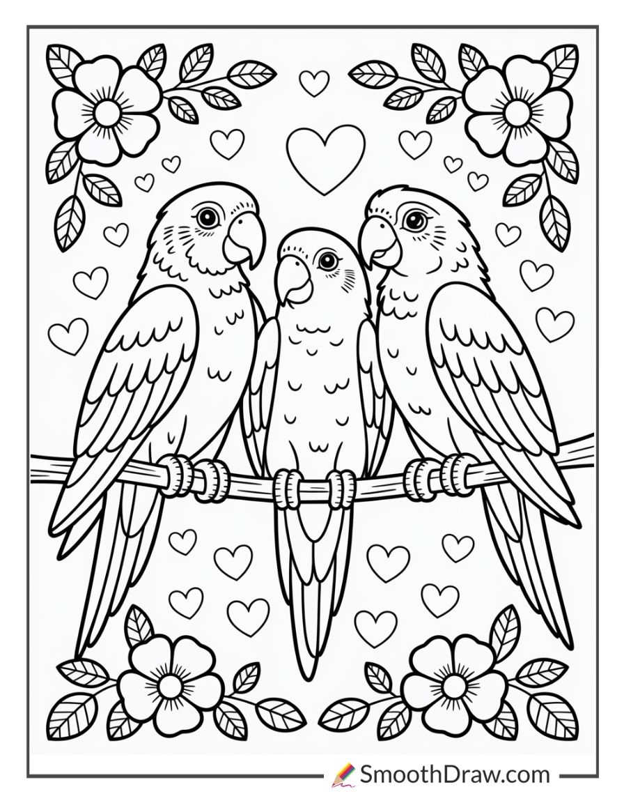 Parrot family on a branch