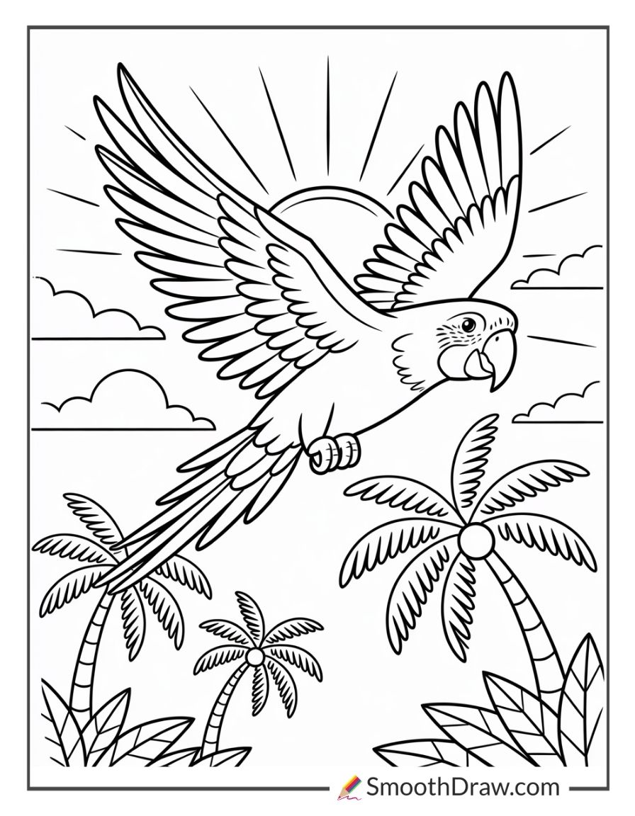 Parrot flying above palm trees