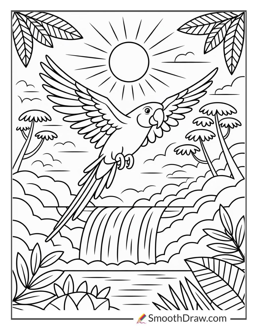 Parrot flying over rainforest