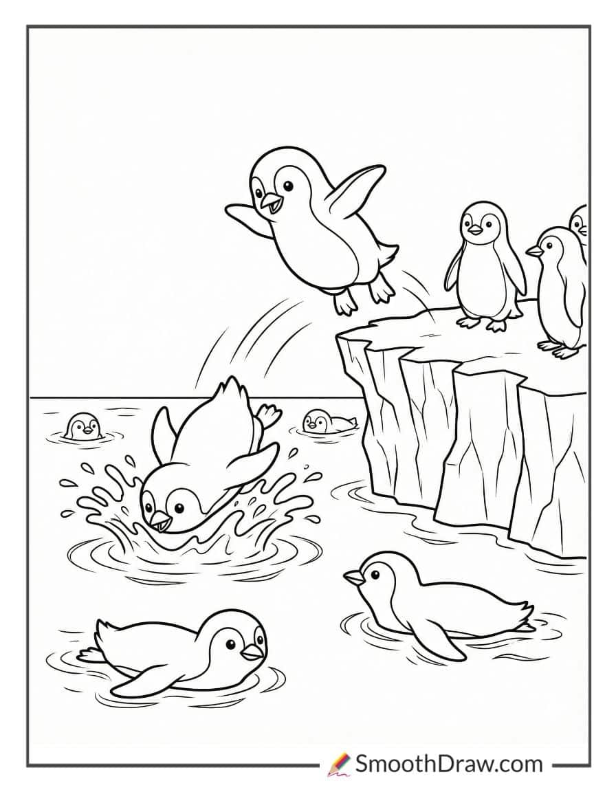 Penguins Diving Into Chilly Sea For Coloring