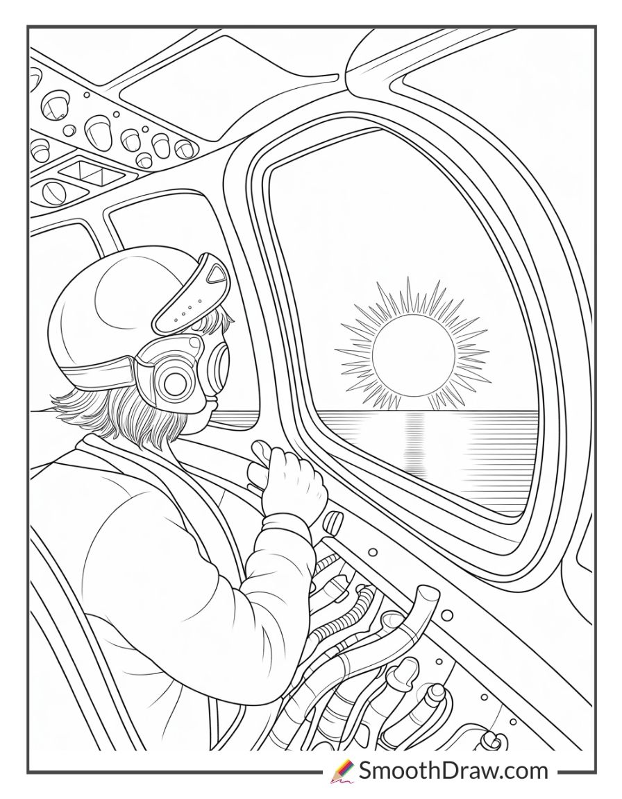 Pilot Flying During Sunset Coloring Sheet
