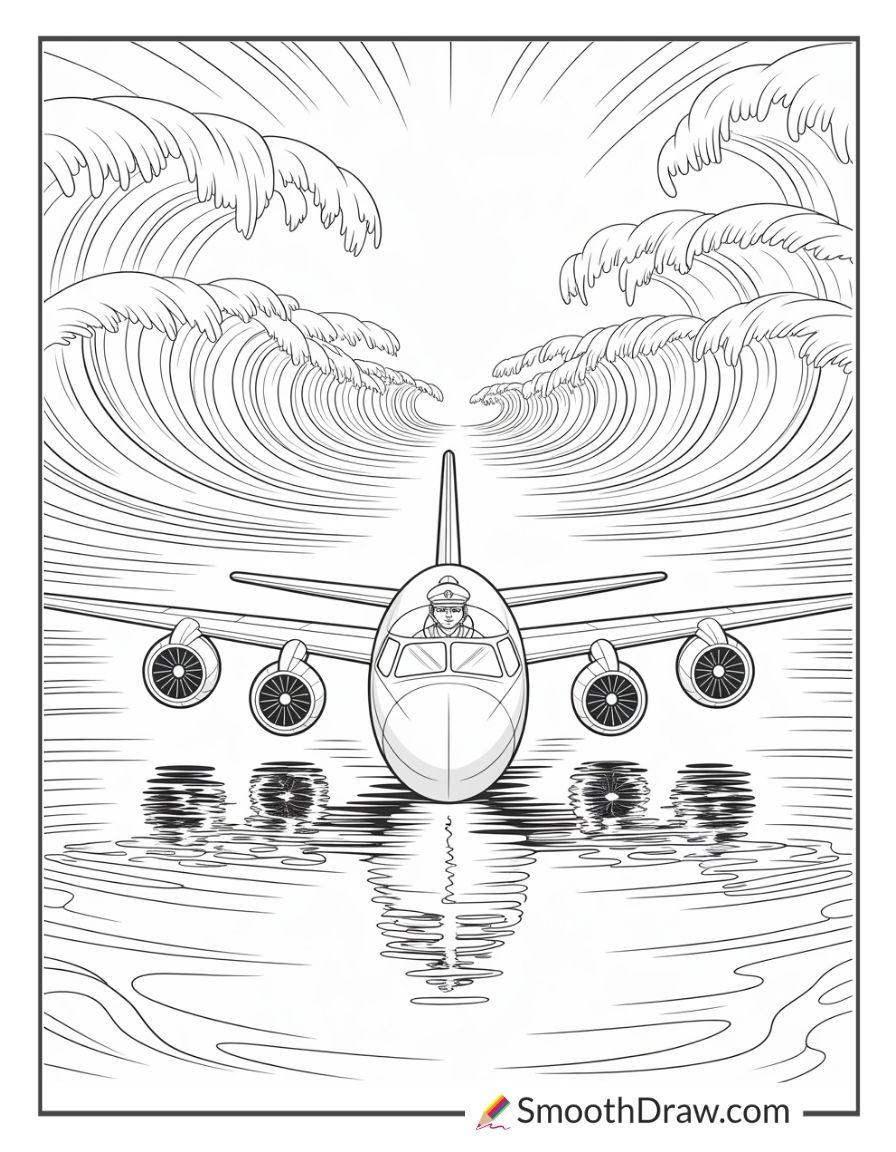 Pilot Flying Over Ocean Waves Coloring Page
