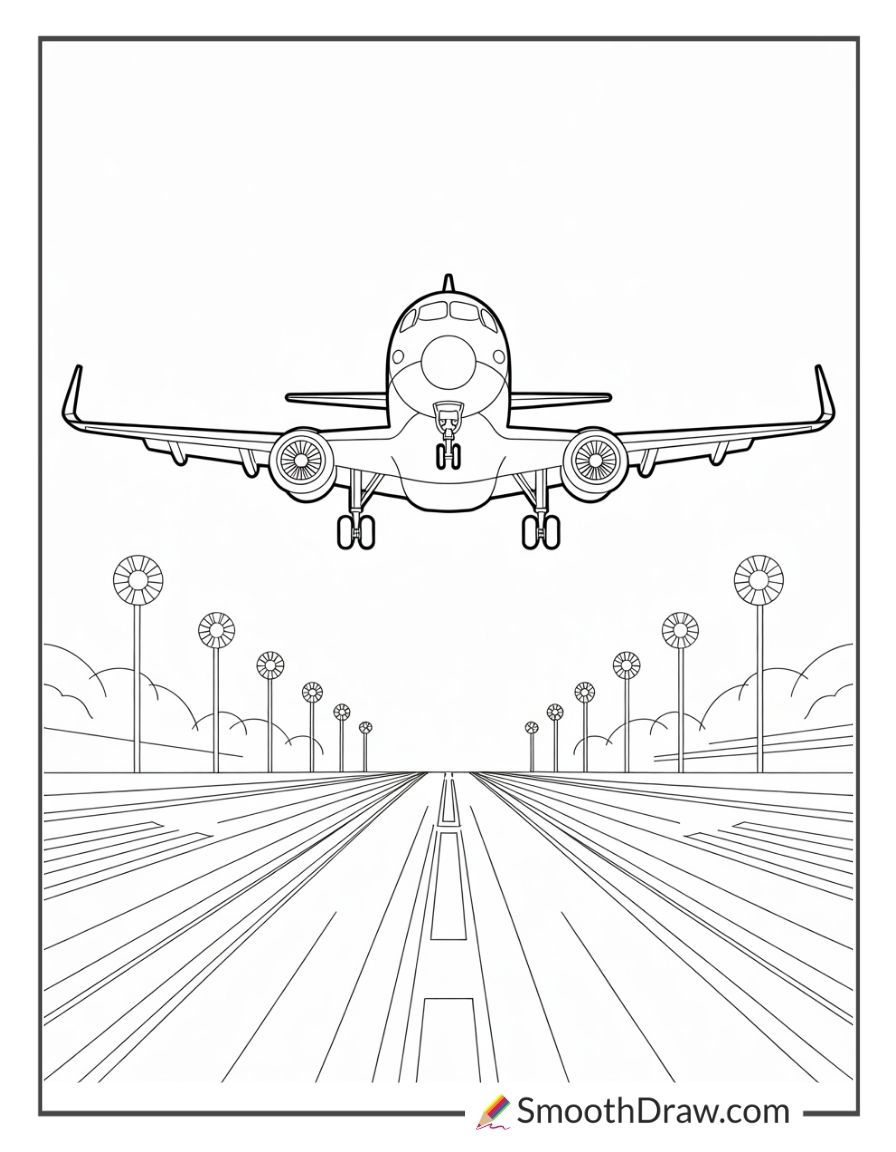 Pilot Landing At Nighttime Airport Coloring Page