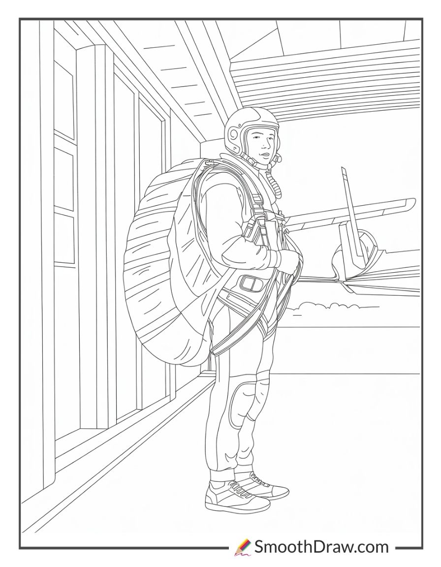 Pilot With Parachute Gear Coloring Page
