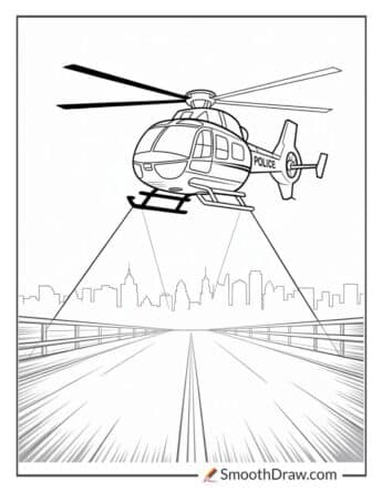 Police helicopter spotlight shining at night