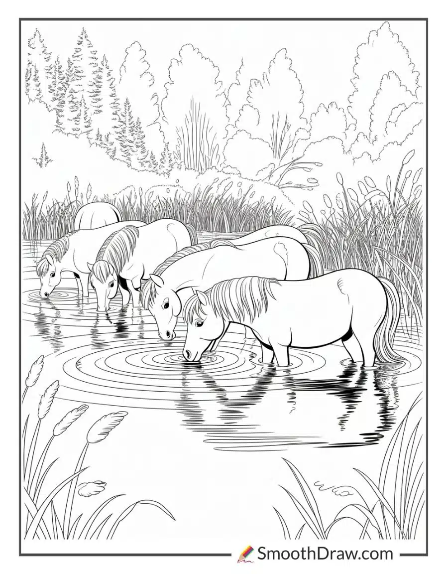 Ponies Drinking From A Pond