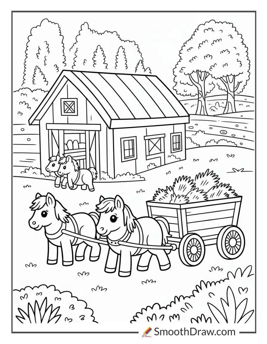 Ponies Pulling A Small Cart Of Hay