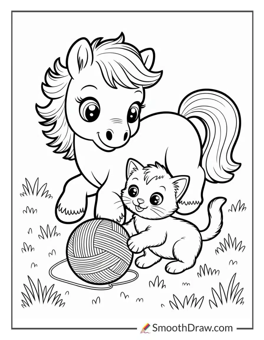 Pony And Kitten Playing Together Coloring Page
