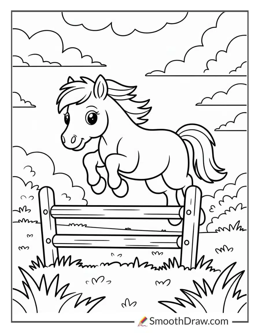 Pony Jumping Over A Small Fence