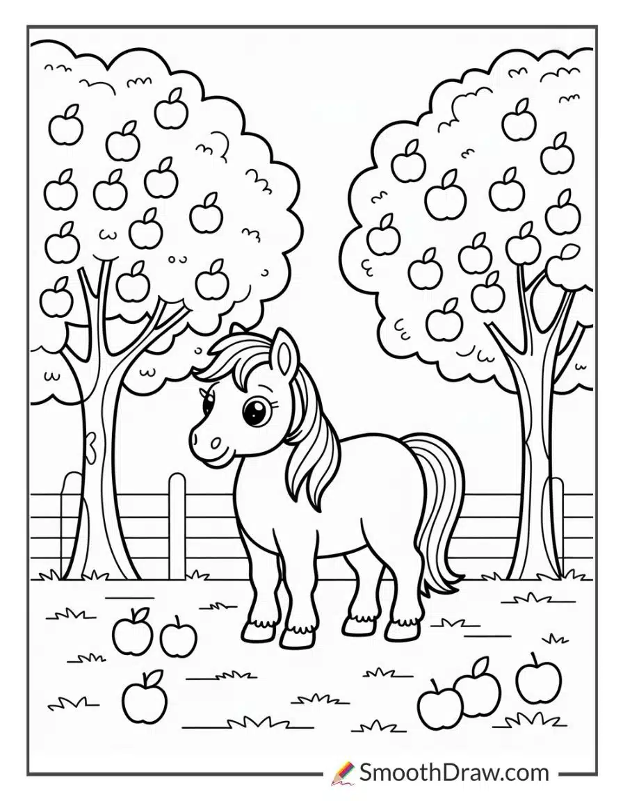Pony Standing By Apple Trees Coloring Sheet