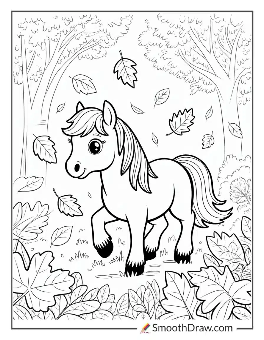 Pony Walking Through Falling Leaves