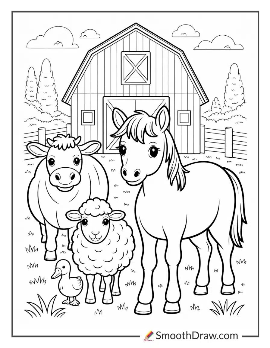 Pony With Friends In The Farmyard