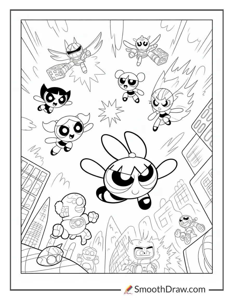 Powerpuff Girls Flying Over The City Coloring Sheet