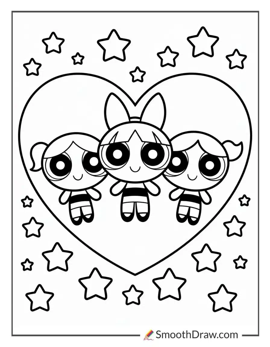 Powerpuff Girls In Heart Background Coloring Sheet