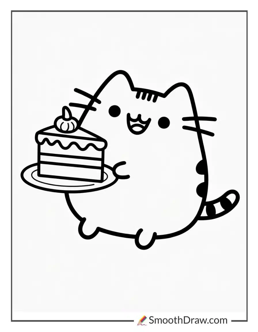 Pusheen Holding A Slice Of Cake Coloring Sheet