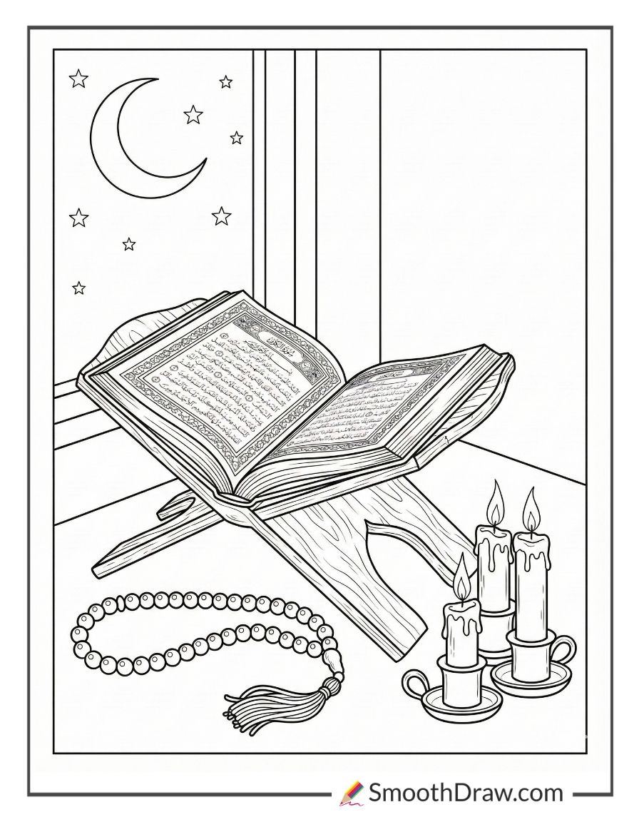 Quran With Prayer Beads And Candles